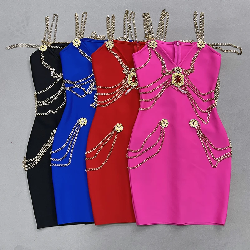 Factory Wholesale Women\'s Multi-color Spaghetti Strap V-Neck High-end Sexy Boutique Celebrity Cocktail Party Bandage Dress