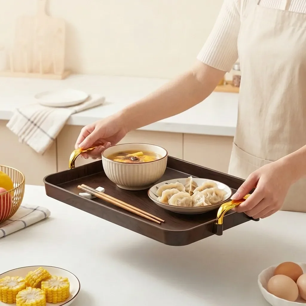 Plastic Serving Tray with Handles Anti-Slip Stackable Decorative Food Tea Coffee Breakfast Tray Kitchen Organizers Storage