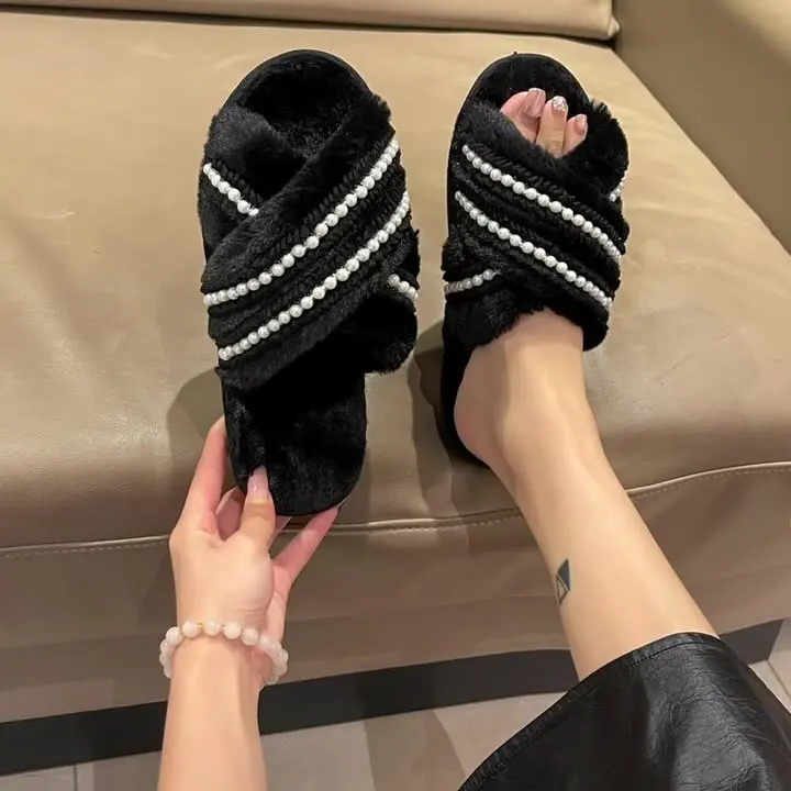 Low Home Slippers Women's Shoes Slides Flock Fashion Fur Flip Flops Pantofle Massage Soft Luxury Plush Flat 2024 Autumn Fabric R