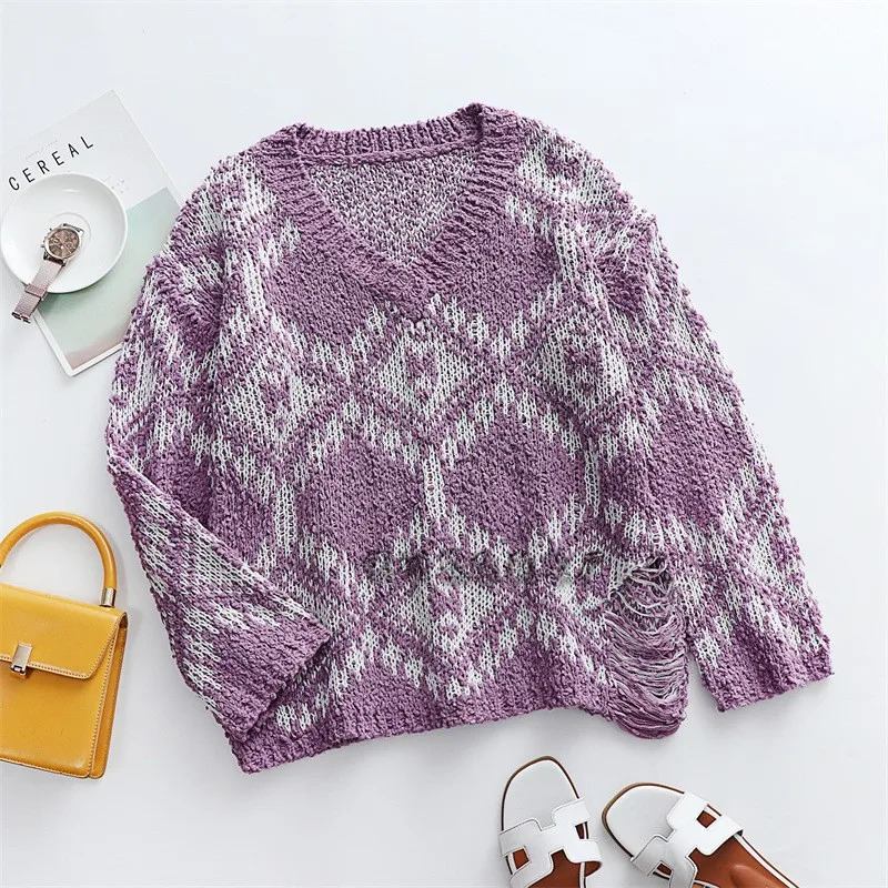 Otoño Invierno nuevo suéter de punto estampado mujer moda cuello pico suelto manga larga suéter temperamento señoras prendas de punto Tops