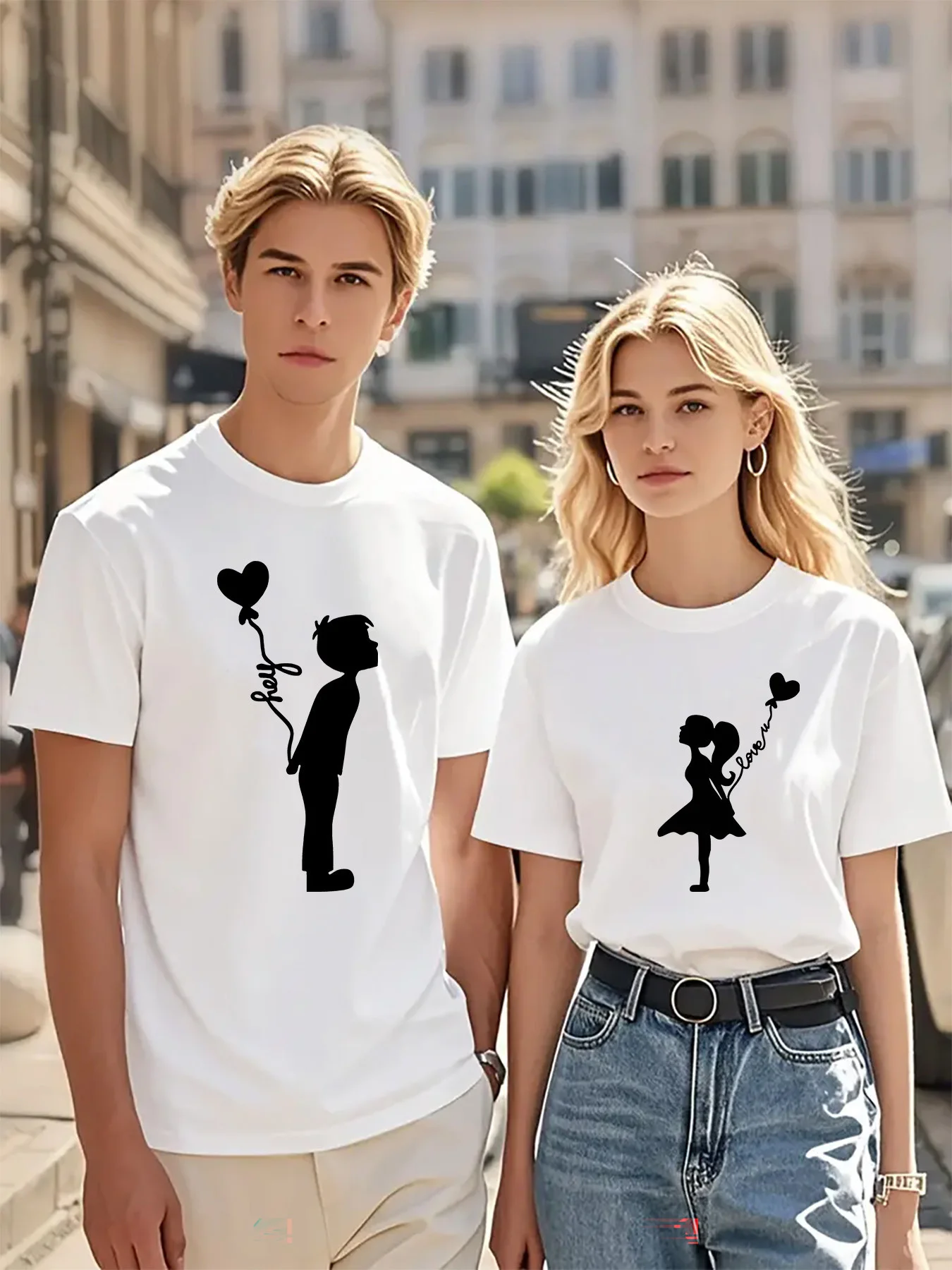 

1 piece, Heart Balloon Print Round Neck Short Sleeve T-Shirt for Couples, Valentine's Day Gift, Matching Top