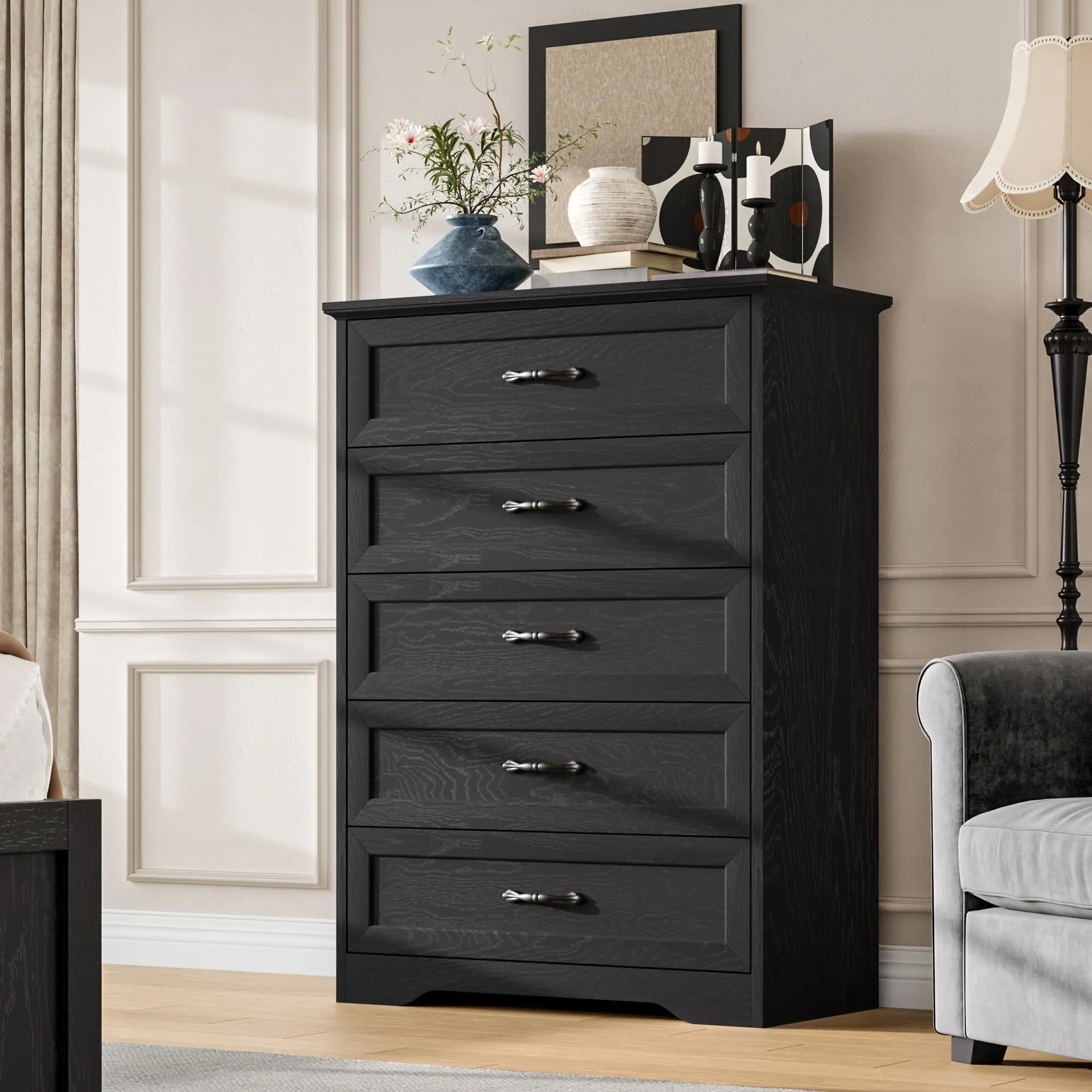 5 Drawer Dresser YS Series Chest of Drawers Black Modern Bedroom Dresser Storage Organizer Living Room Hallway Closet Entryway Contemporary Furniture