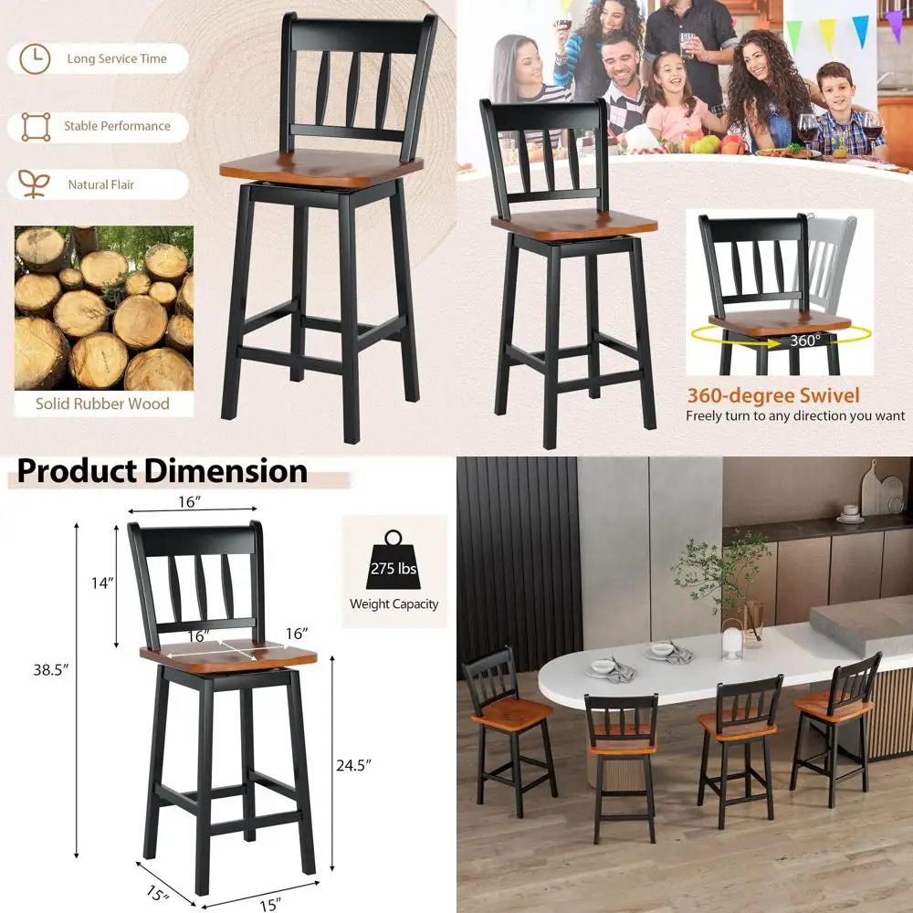 

Набор из 4 поворотных барных стульев с высотой 24,5 дюйма, с спинкой, из каучукового дерева, для кухонного острова или паба (черные)