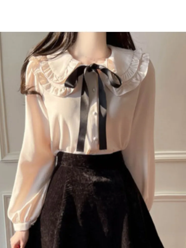 Summer  Chiffon Sweet Ruffles Shirt Women Blouse Cute Bow Tie Office Ladies Tops Blouses  Japan Korea Chic Roupa Feminina