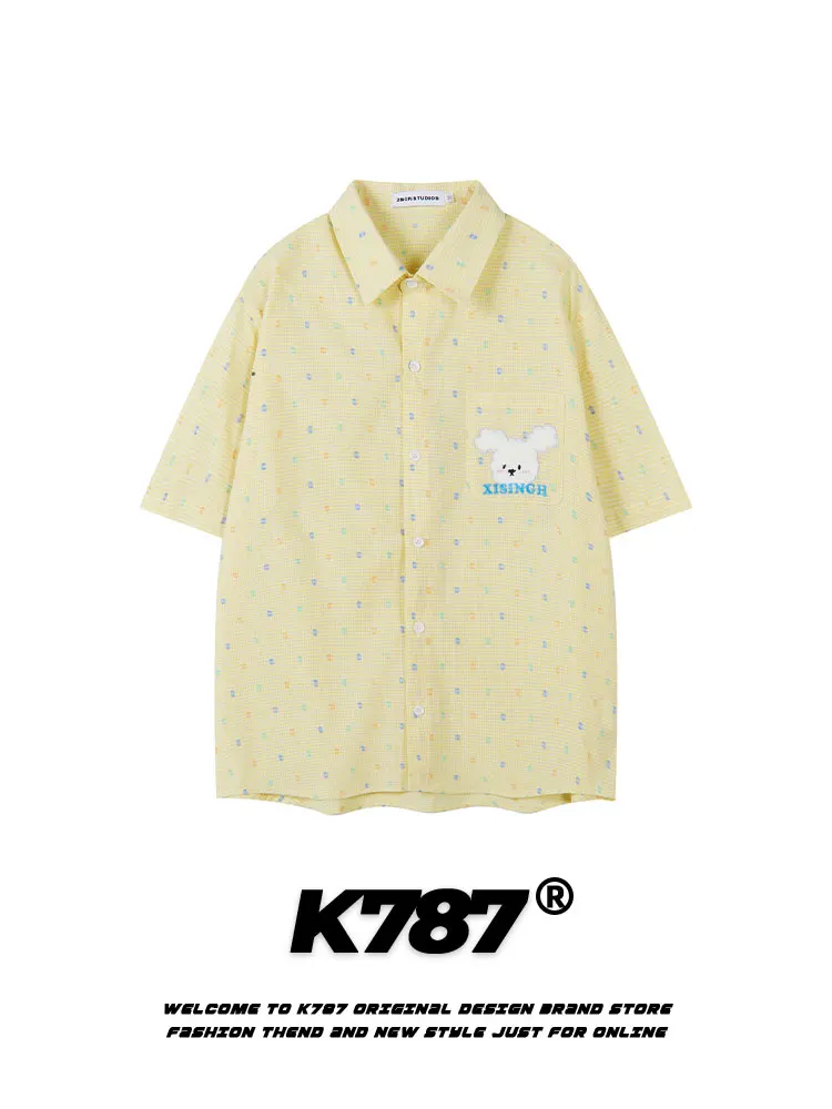

K787 American Retro Bear Embroidery ort Sve irt ex Yellow Plaid College Sle Open Cardigan f Sve Cotton Bre...