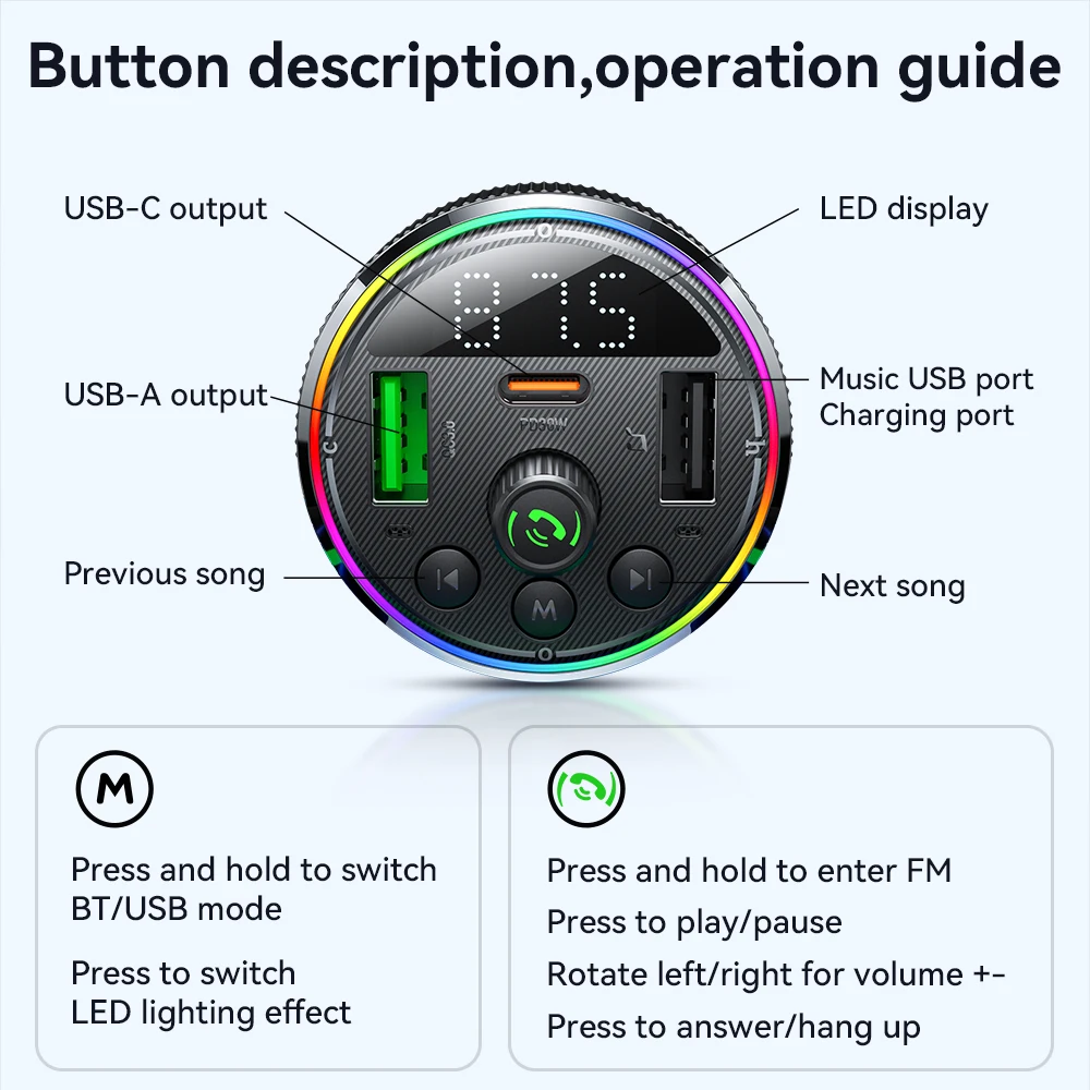 HOCO E82 Car Bluetooth 5.3 FM Transmitter For Wireless Hands Free Phone Call with PD30W QC3.0 Quick Charge Adapter LED Display