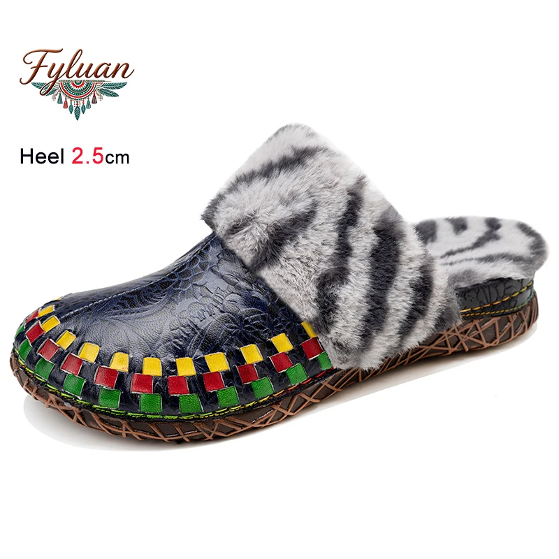 

Autumn Winter Short Plush Checked Women's Slippers Flats Thick Bottomed Heels 2.5cm Warm Fur Sliders Ladies Pumps Bohemian Shoes
