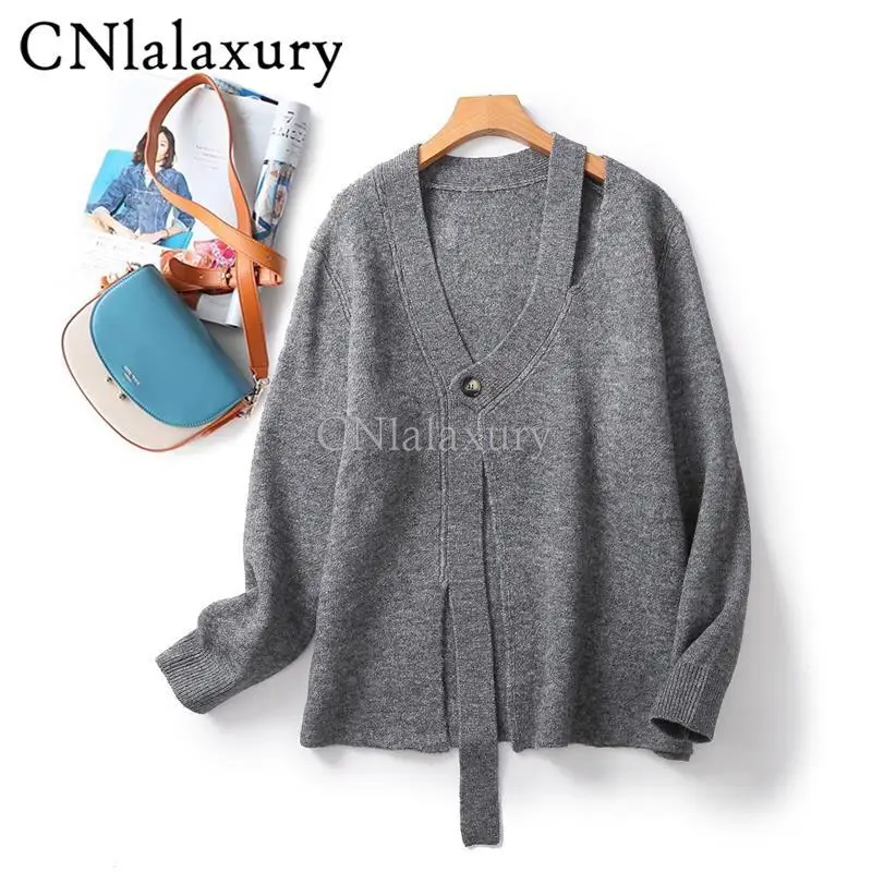 CNlalaxury 2023 Autumn Winter New Female Solid Color Simplicity Sweater Chic Cardigan Loose Coat Tops Sense Of Design V Neck