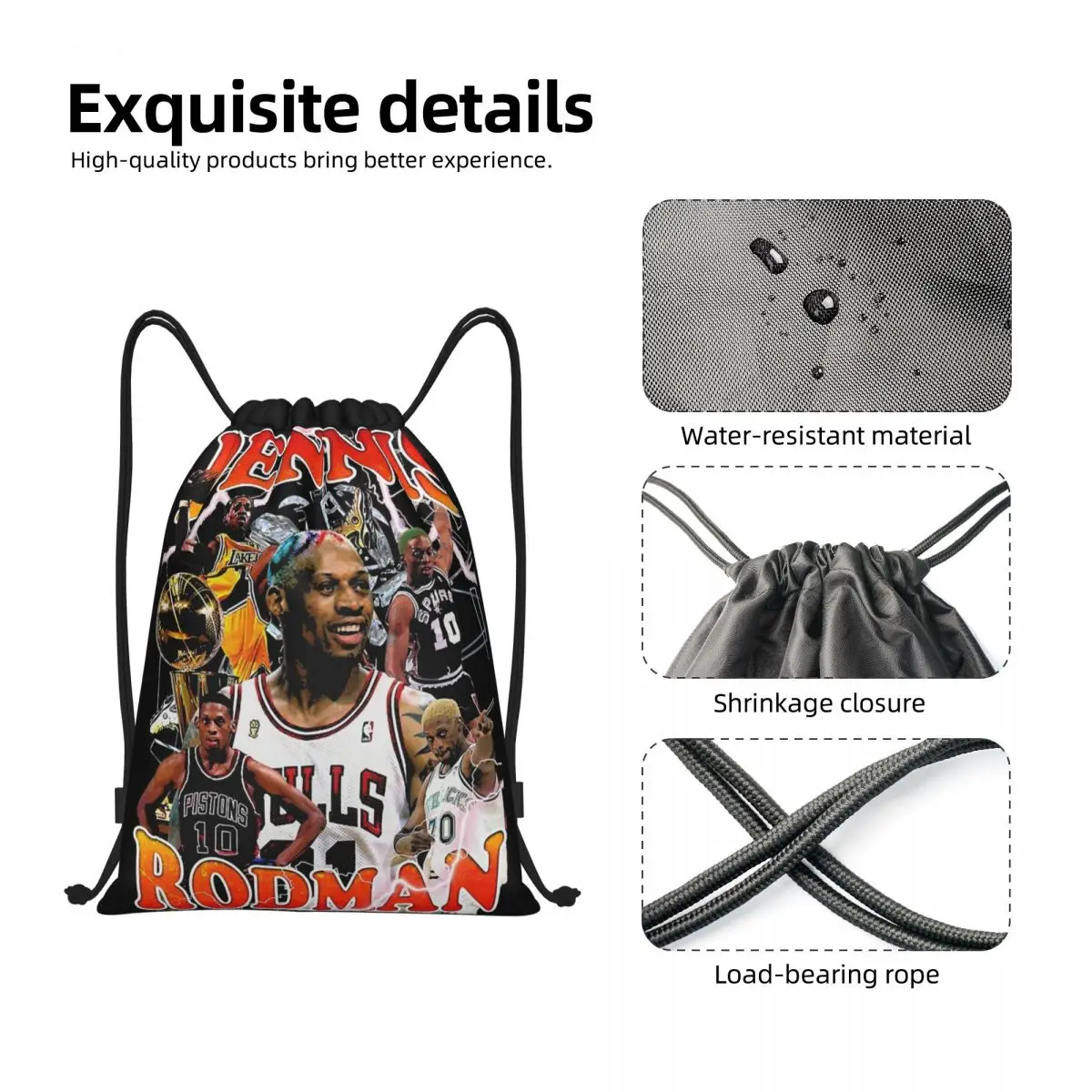 Vintage Basketball Player Dennis Rodman Drawstring Backpack Gym Sports Sackpack String Bag for Cycling