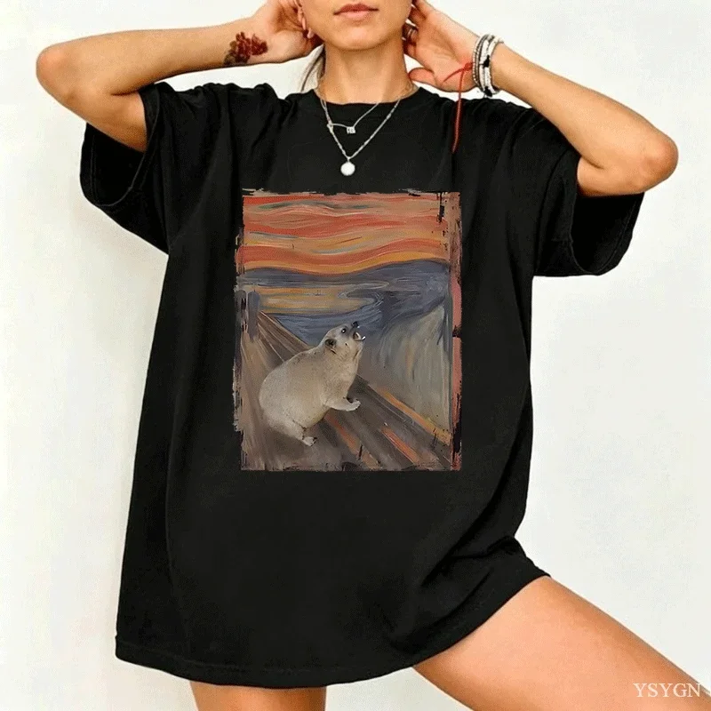 Hyrax Scream Parody Meme T-Shirt Women's Vintage Short Sleeve Crew Neck T-Shirt Loose Casual Women's Clothing Graphic T Shirts