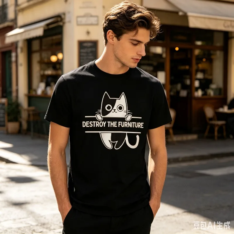 Retro Street Style Men T-Shirt DESTROY THE FURNITURE Letter Print Daily Wear Cute Cat Pattern Tees