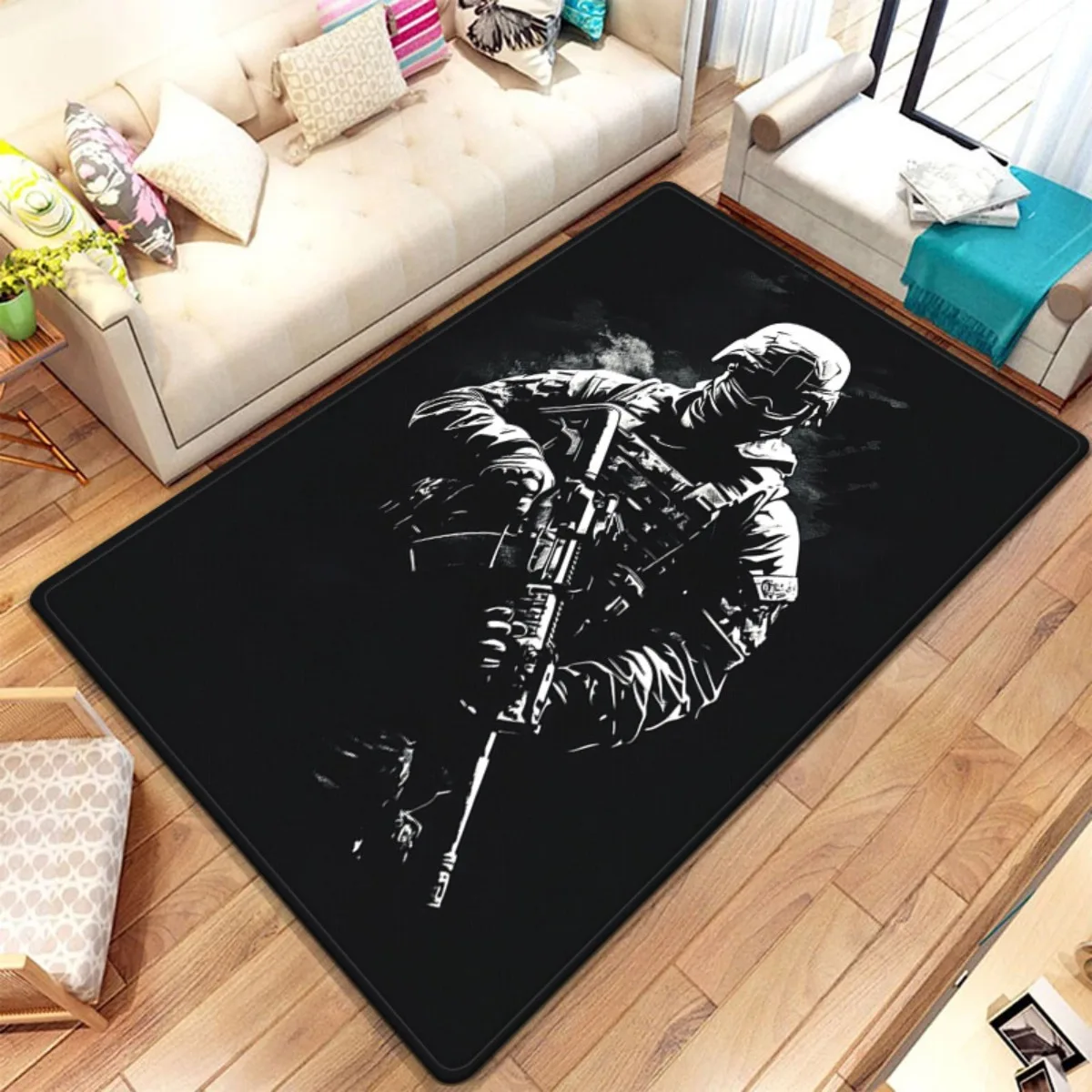 1pc Dark‑Art Soldier Print Area Rug, Non‑Slip Washable Floor Mat for Kitchen, Bathroom, Entryway, Yoga, Camping, Picnic