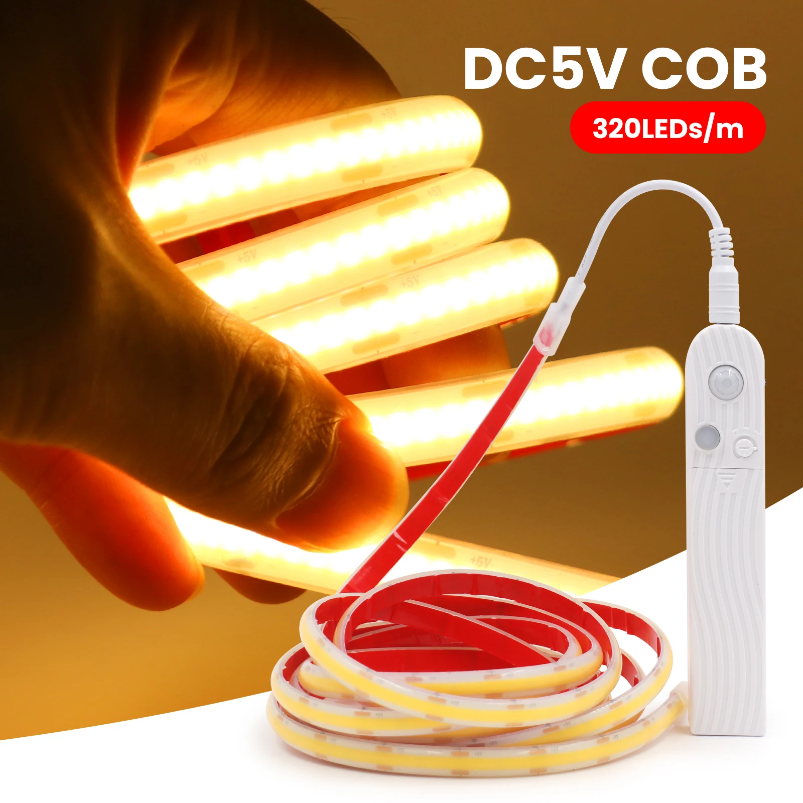 IP68 Waterproof COB LED Strip Light DC5V Battery Powered Flexible Ribbon Diode Tape 320leds/m Rope Linear Lighting 3000K-6000K