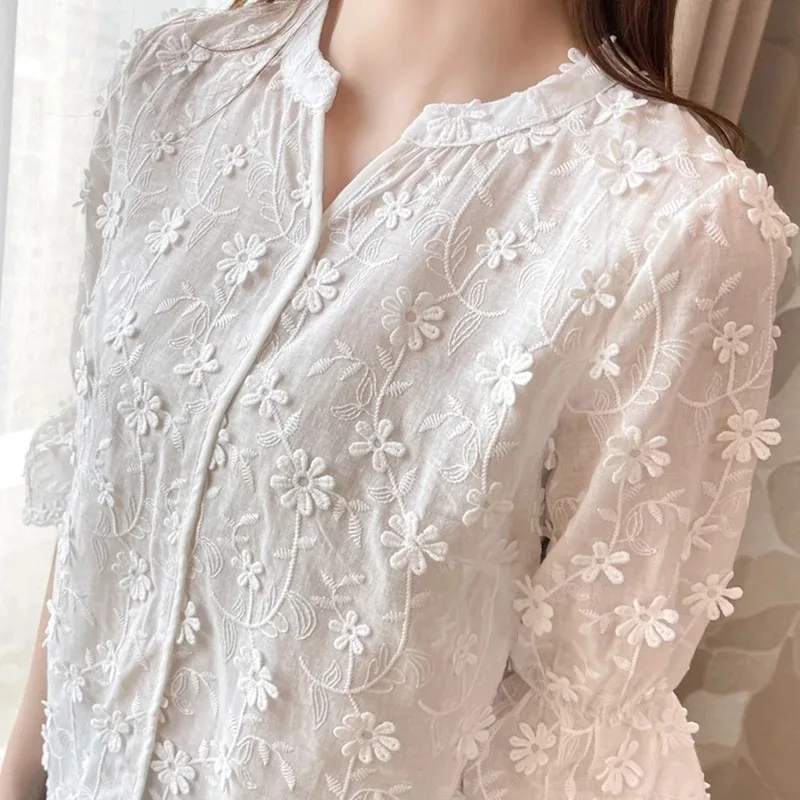 Women\'s Cotton Short Sleeve Lace Blouse, Summer Tops, Embroidery Floral, White Shirt, Fashion Casual Blouses, 9638