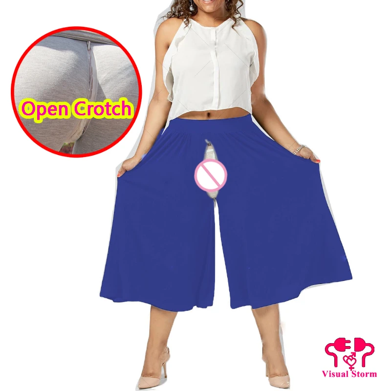5XL Fake Dress Open Crotch Leggings Women Double Hidden Zippers Invisible Loose High Rise Sexy Wide Leg Pants Crotchless Panties