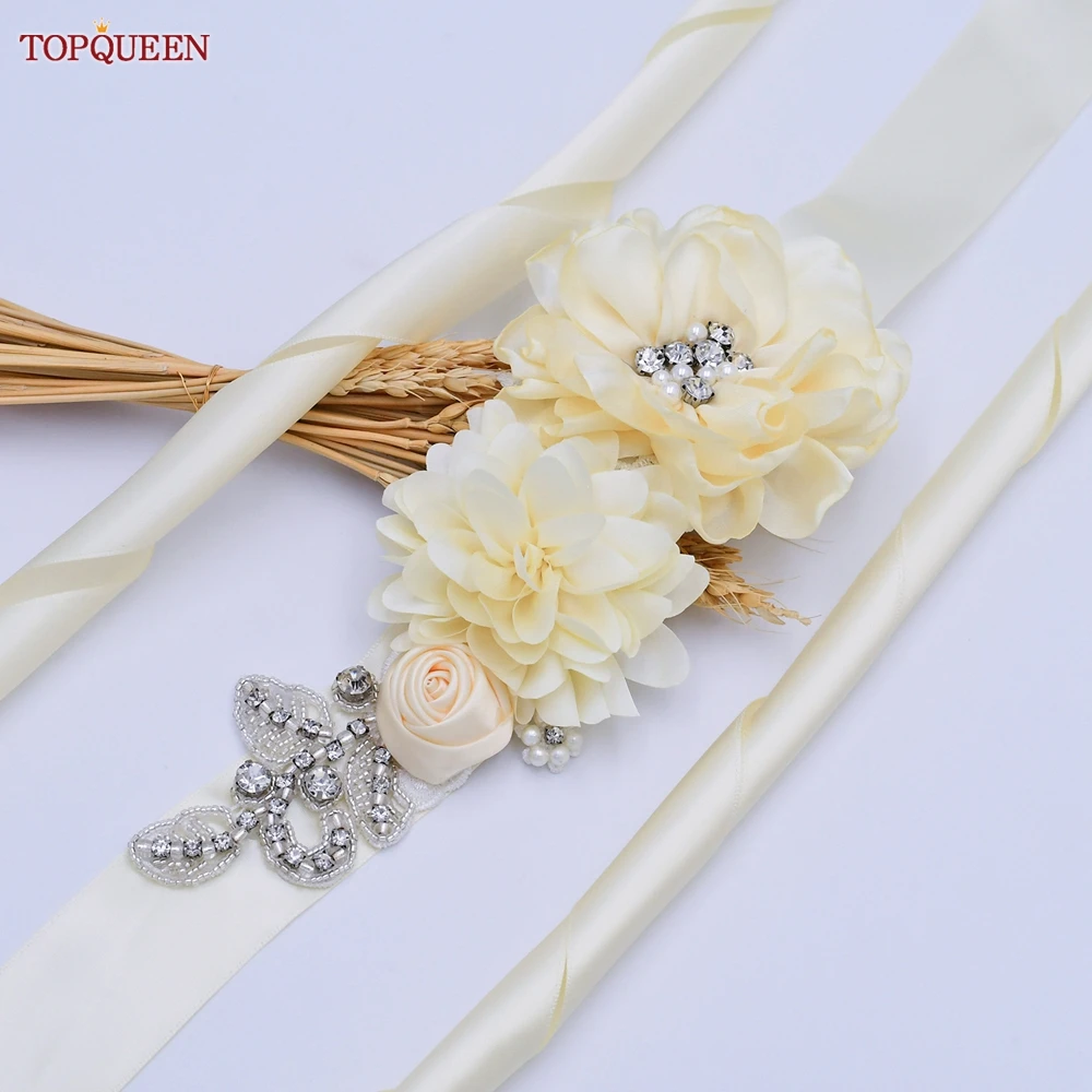 TOPQUEEN S260 Women Satin Flower Belt Handmade Beaded Belt Bridal Sash Wedding Belt Party Dress Waist Decoration