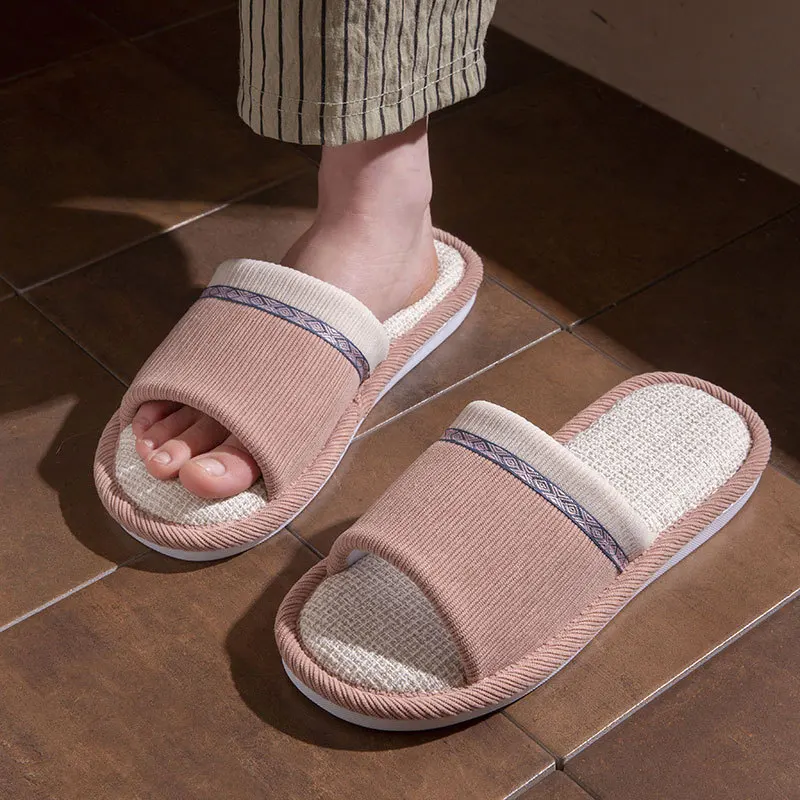 

Домашние полосатые тапочки, женские туфли на платформе, четыре сезона, льняные пары, домашние нескользящие сандалии, напольная обувь на плоской подошве, мужская удобная обувь