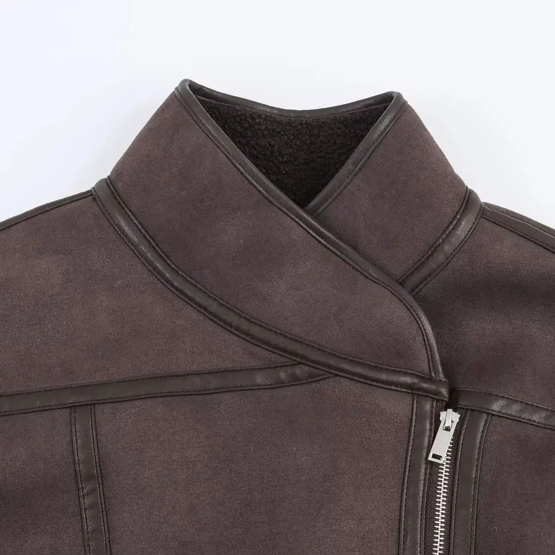 DiYiG WOMAN 2025 Winter New Fashion Faux Leather Patchwork Jacket Retro Long Sleeve Joker Zipper Coat Outerwear Mujer