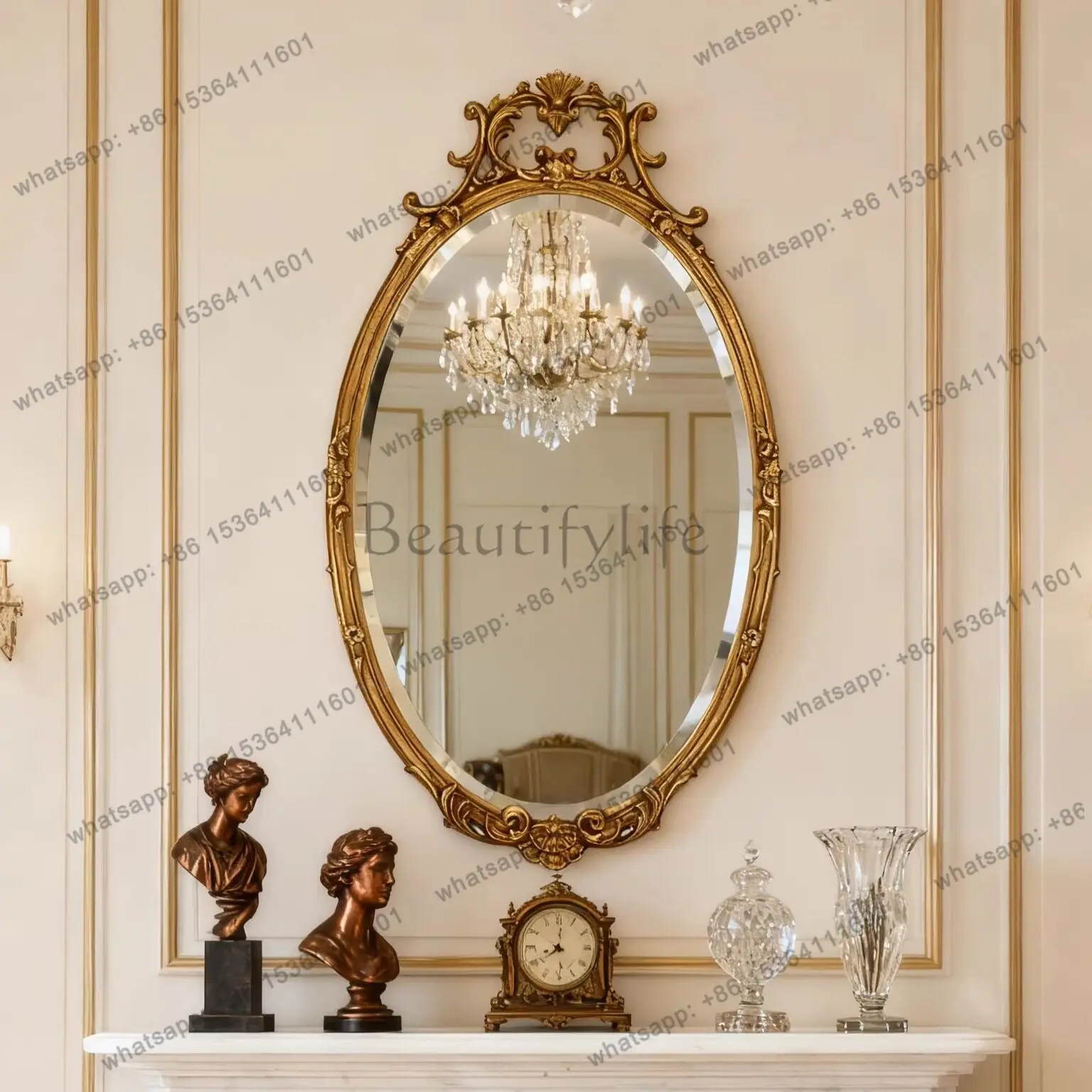 LS French wall-mounted bathroom washing mirror oval dresser light luxury art decorative mirror