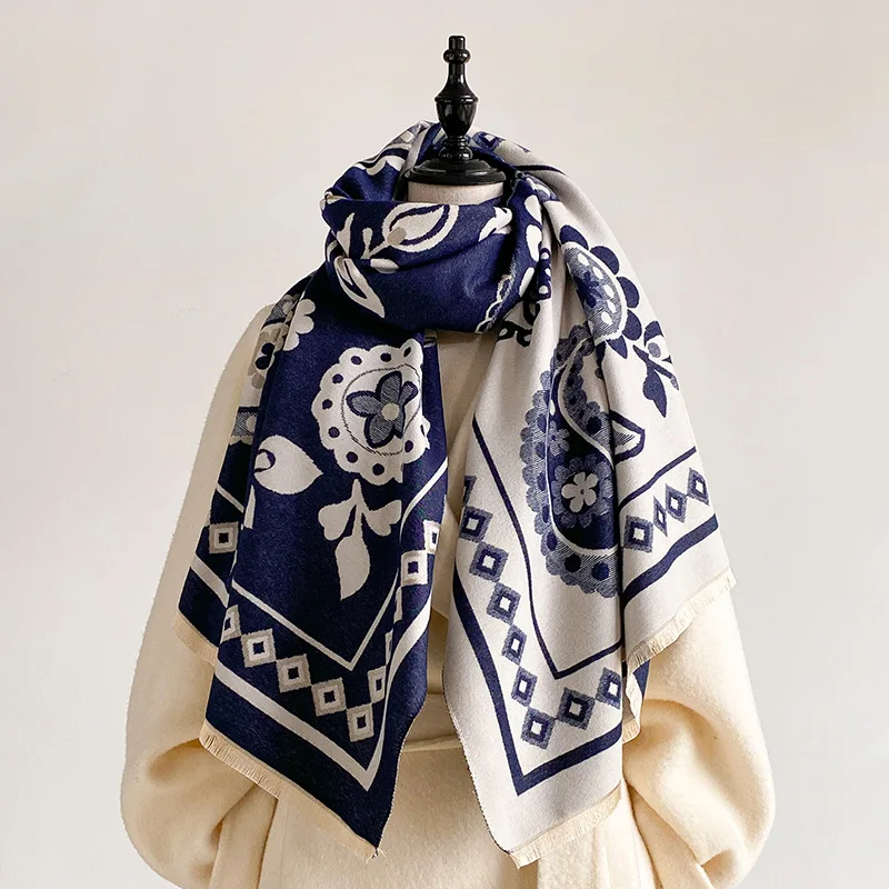 Scarf Women Paisley Floral Jacquard Shawl Pashmina Wrap Double Sided Thick Tassel Ethnic Geometric Border Winter Autumn