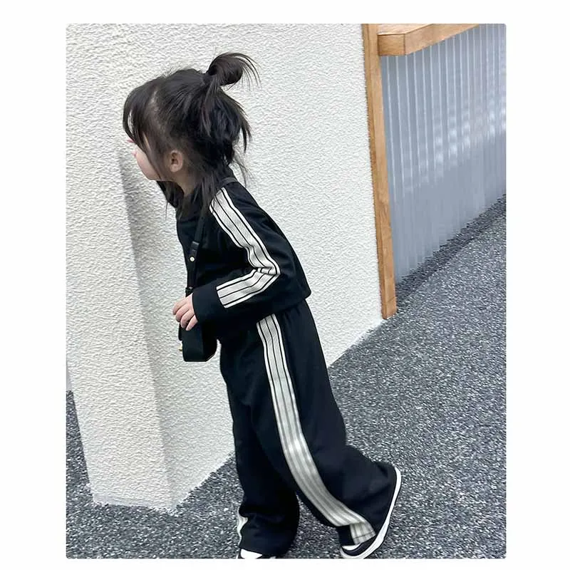 Girl\'s Autumn Sets Children\'s Striped Top Trousers 2Pcs Baby Round Neck Zip Suit Baby Spring Sports Outfit Kids Casual Clothes