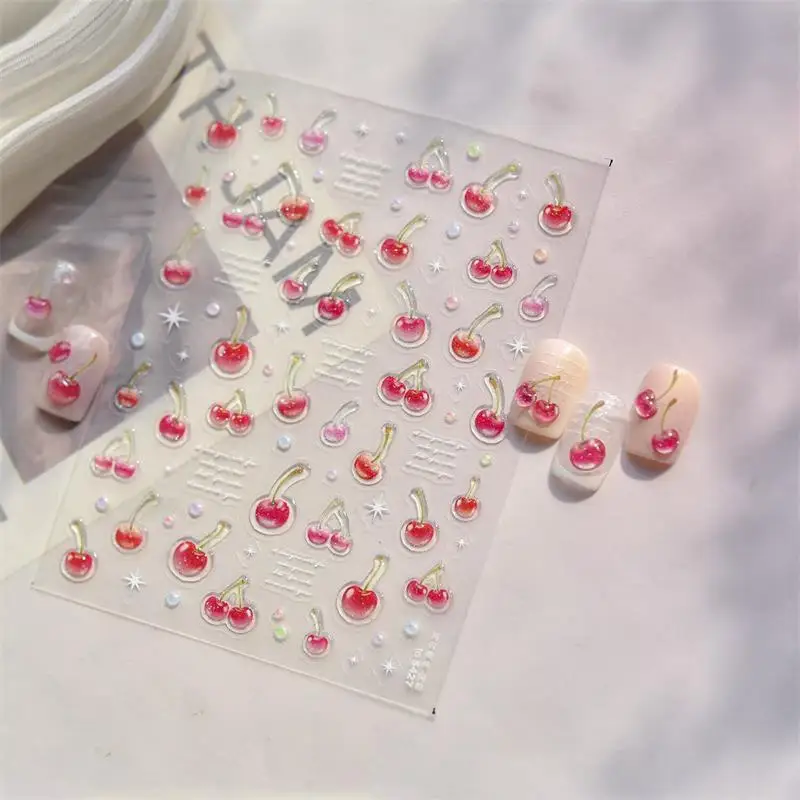 สติกเกอร์ติดเล็บลายเชอร์รี่สีแดงหวานๆ แบบนูน สำหรับสาวๆ ผู้หญิง สติกเกอร์ติดเล็บแบบลอกติดเอง ของขวัญตกแต่งเล็บสำหรับปีใหม่และคริสต์มาส