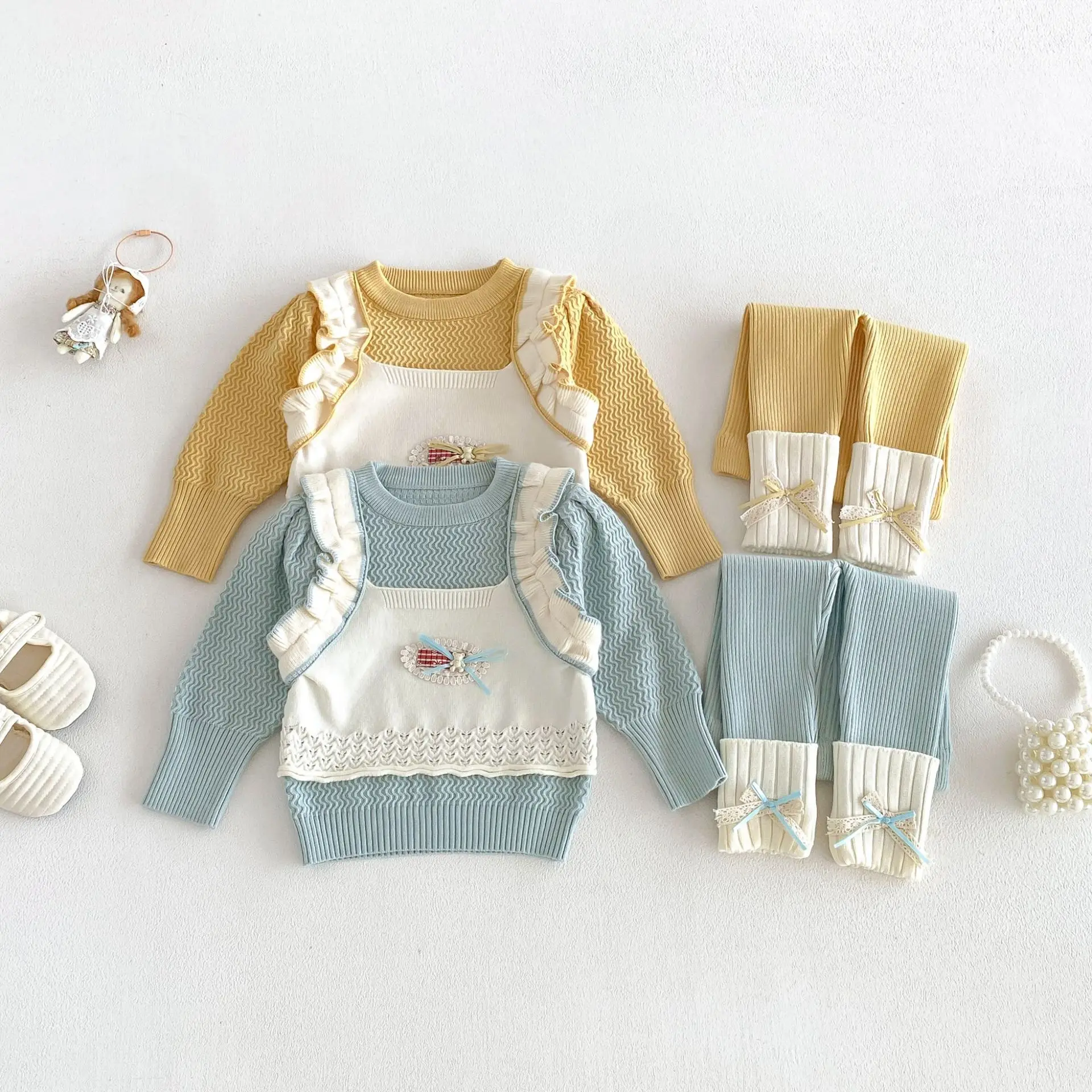 Girls Set 2026 Spring and Autumn New Children's Clothing Korean Style Girl Baby Cute Fake Two Sweaters Leggings Two Sets