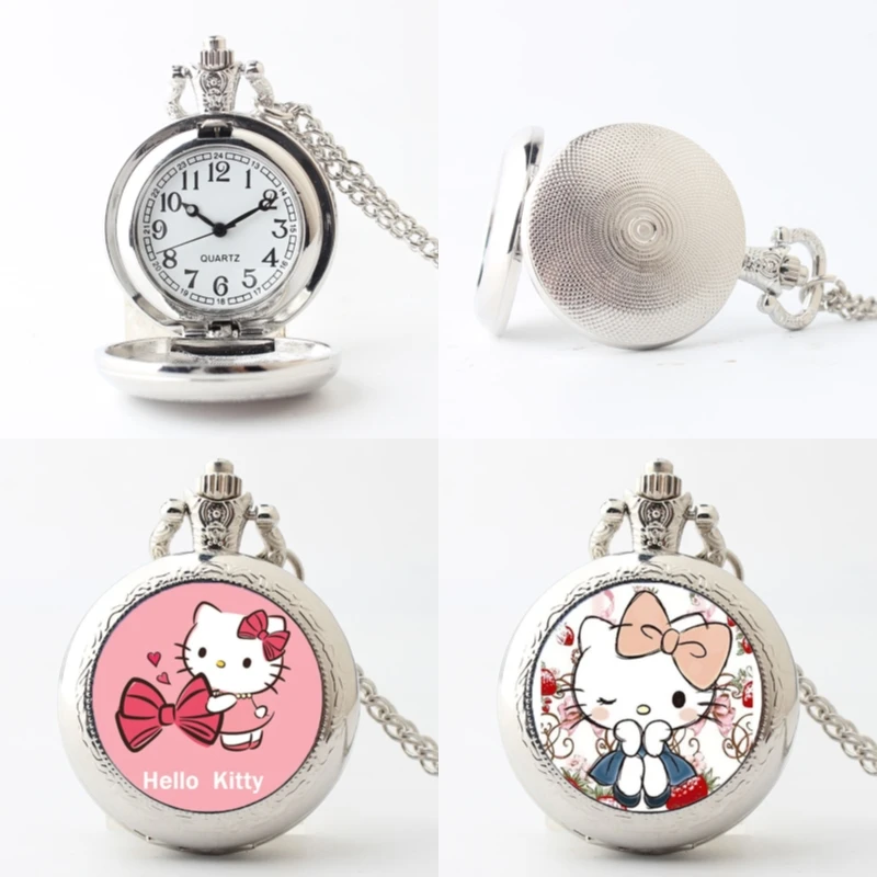 Hello Kitty Pocket Watch Sanrio Cartoon Necklace Watch Hanging Neck Open The Clock Turning Men and Women Cute Simple Jewelry