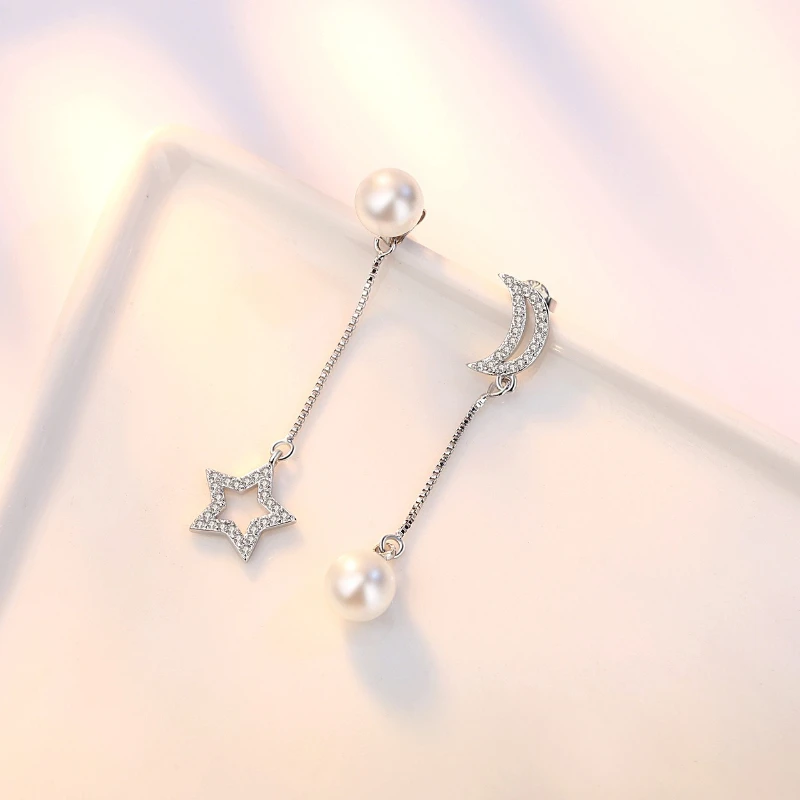 

925 Sterling Silver Fashion Sweet Pearl Zircon Star Moon Earrings Birthday Party Anniversary Gift