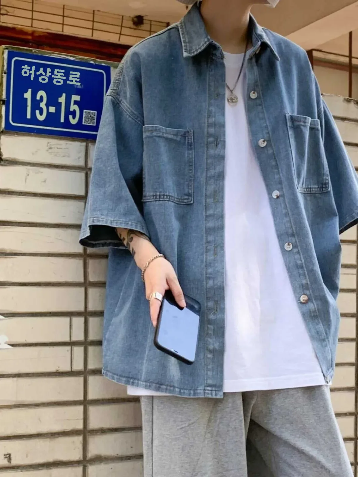 

Loose Fit Men's Denim irt ort Sve Five-Quarter Length Summer Casual Wear Pure Color Trendy Brand Youth Leisure Faion
