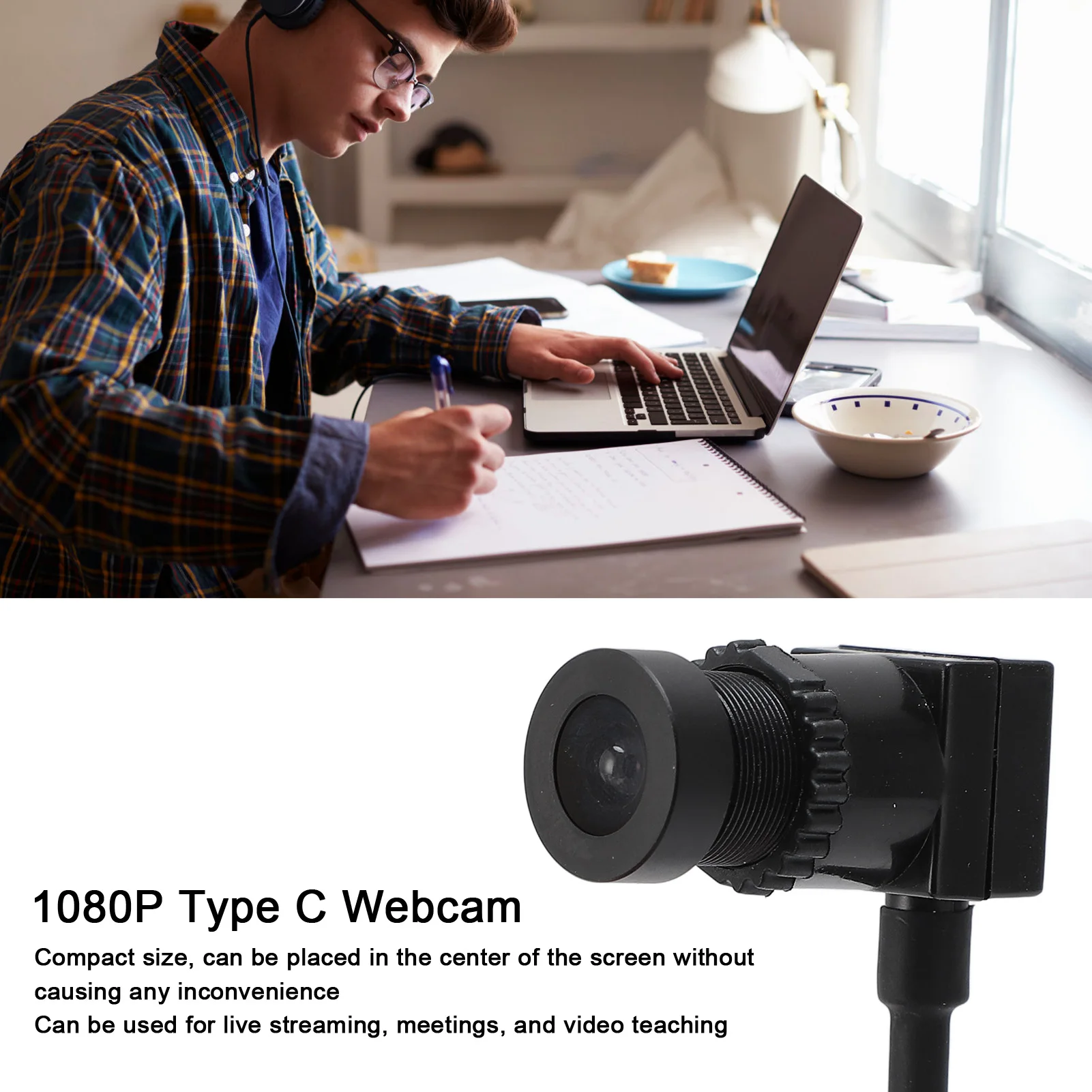 Type C Webcam 1080P 1.5m Plug and Play Fixed Focus USB Camera with Microphone for Smartphone Laptop Smartphone External Camera