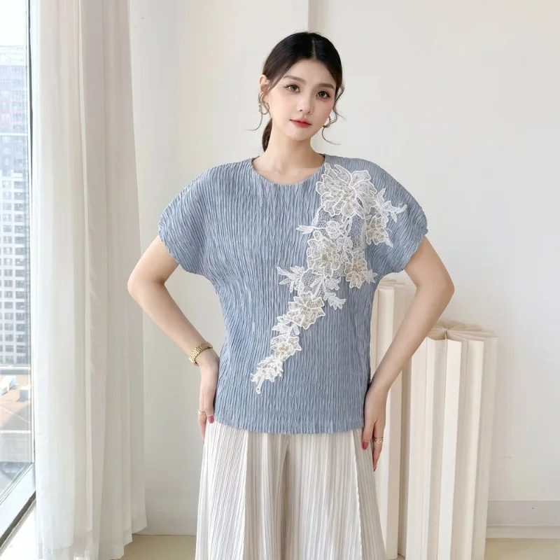 Miyake Pleated New 2026 Summer Original Short Sleeve Fashion Pleated Embroidered Lace T-Shirt Round Neck Versatile Elegant Top