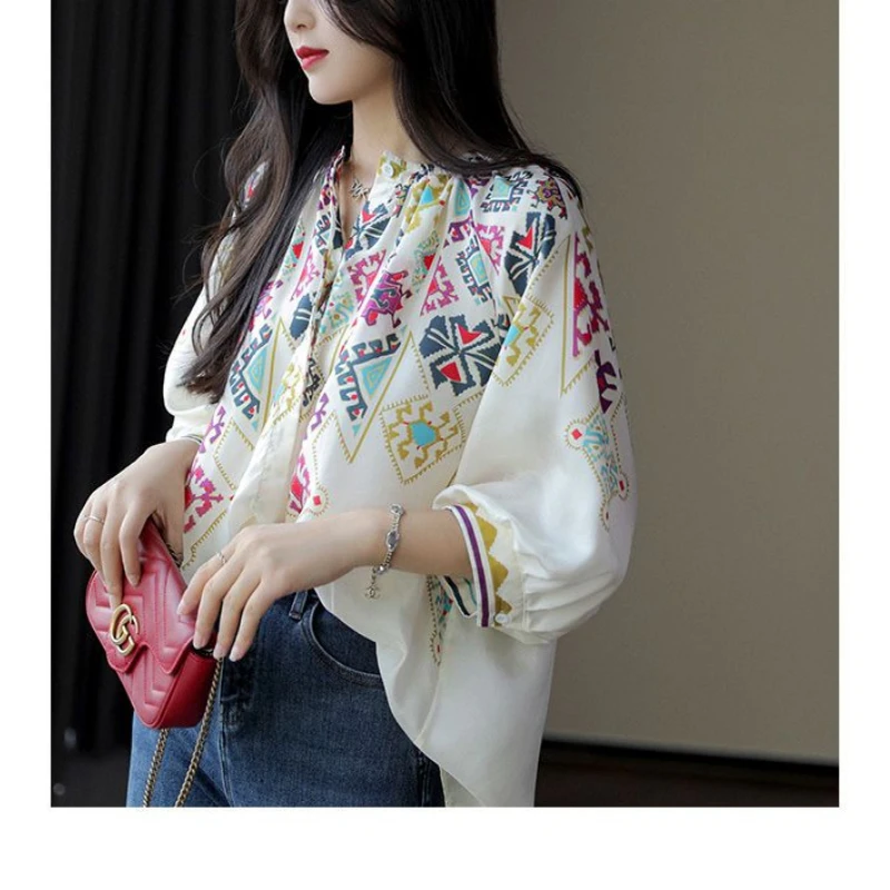 Summer New Round Neck Three Quarter Fashion Shirt Women High Street Casual Printing Button Cardigan Vintage Elegant Loose Tops