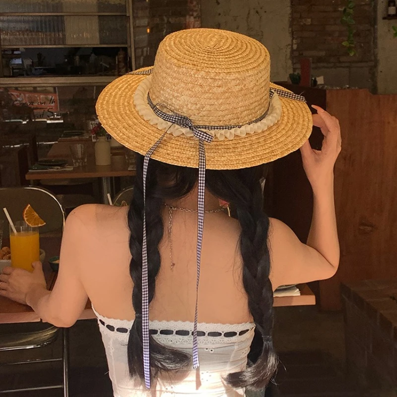 Summer French Style Bow sweet Straw Hat for woman sun protection vacation style French straw bucket Vacation beach accessories