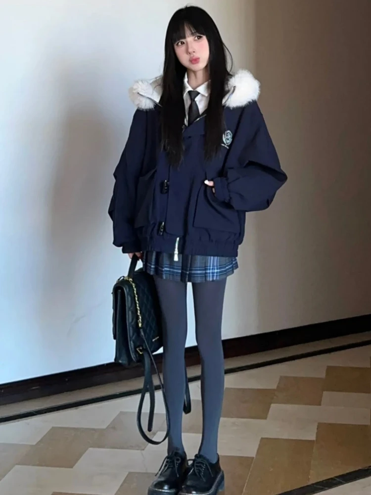 2000s American Vintage Slim Preppy Style Casual Hooded Jackets Y2k Harajuku High-End Winter New Warm Tops Subculture Fluffy Coat