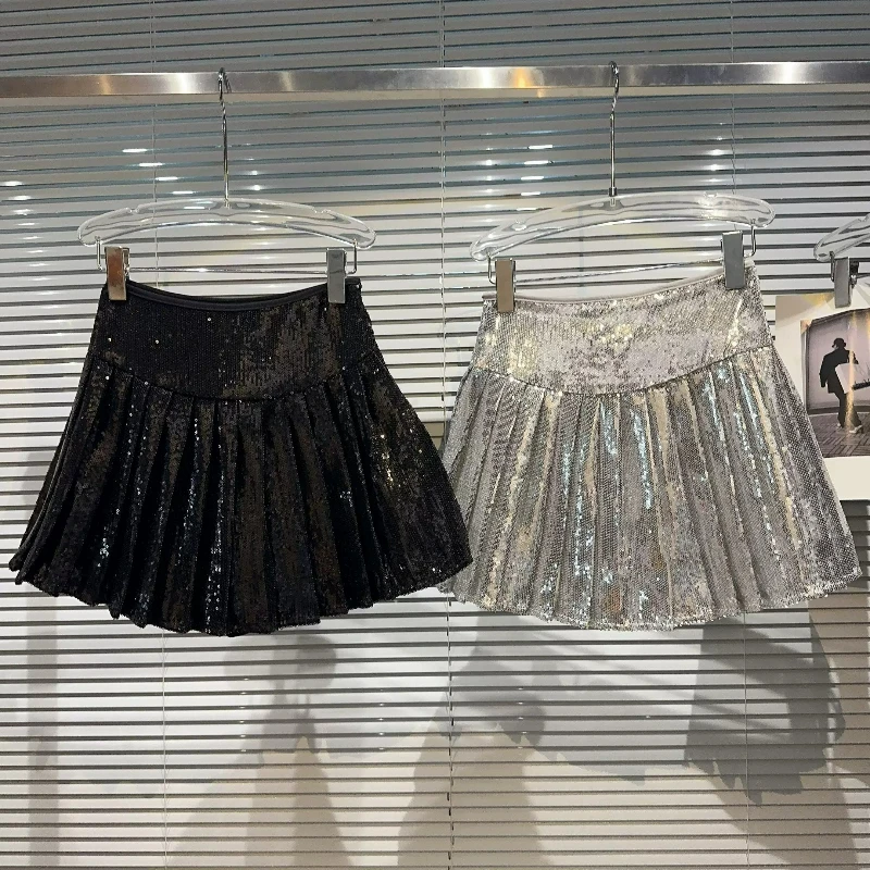 Women Sequin Pleated Mini Skirt High Waist Glitter Y2K Shiny Nightclub Party Concert Streetwear Black Silver A Line Short Skirts