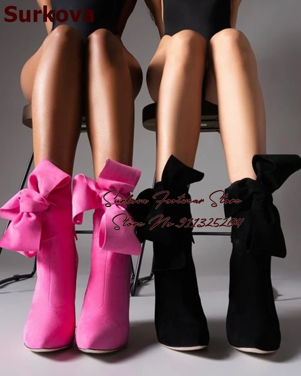 Surkova Pink Black Suede Big Butterfly-knot Ankle Boots Stiletto Heel Pointed Toe Bowtie Lace-up Booties Sweet Women Party Shoes