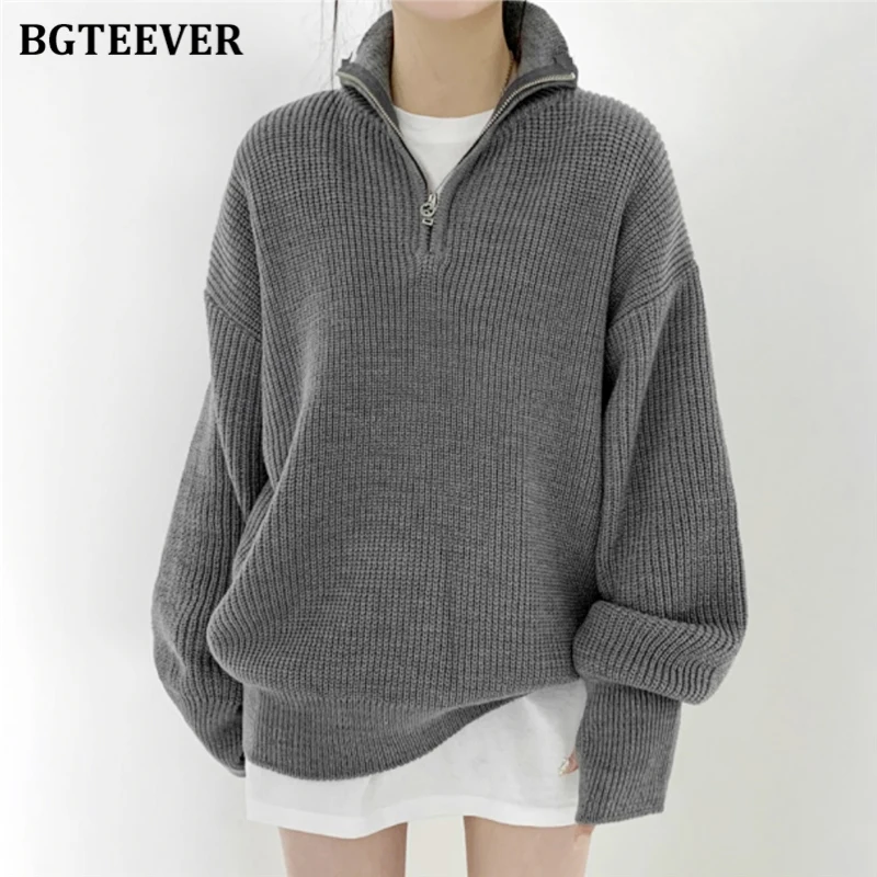 

BGTEEVER Casual Zippers Long Sleeve Women Sweaters Tops Autumn Winter Turtleneck Knitted Pullovers Jumpers Female