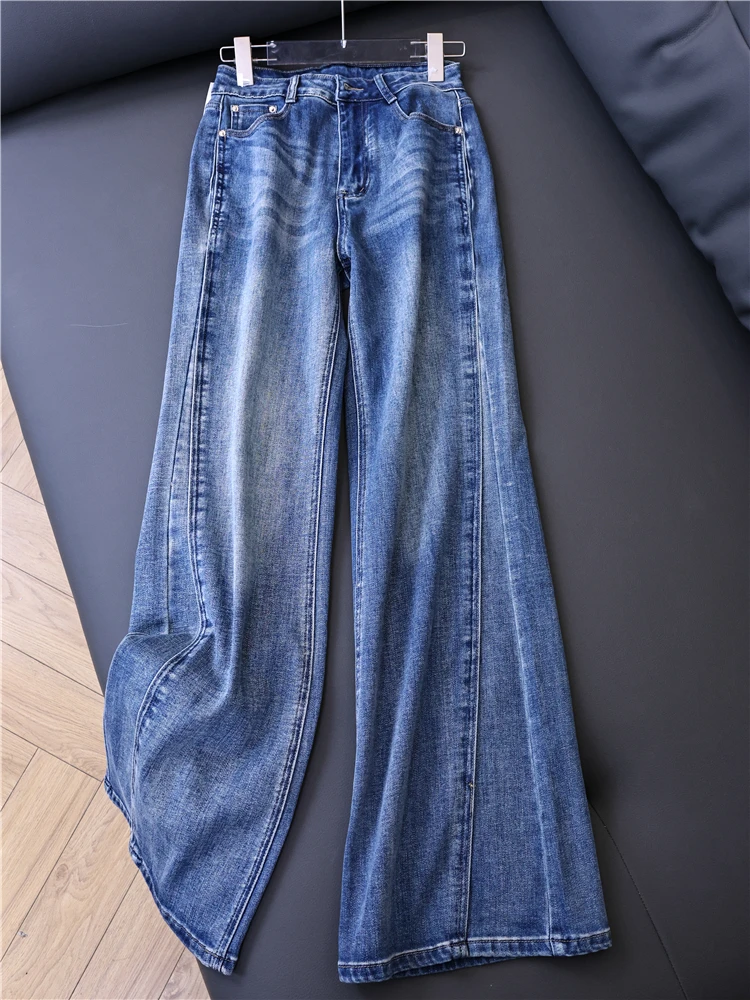 

Washable Loose Long Legged Hoof Pants Women's Jeans Casual High Waist Denim Fabric Micro Flared K836 Blue Jeans