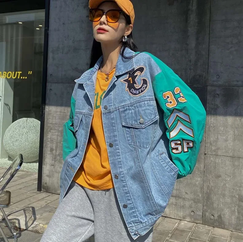 European Station 2022 Spring New Splicing Denim Alphabet Baseball Jacket Loose Contrasting Color Cross-border Trend Women's Clot