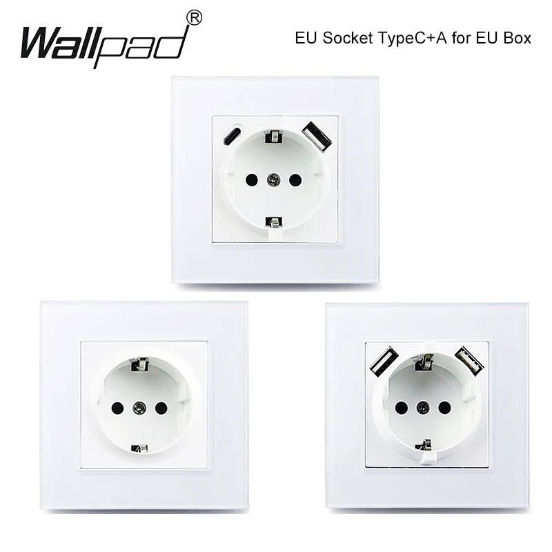 EU Socket 220V Usb C 16A 86*86mm Tempered Glass Panel, Wallpad European Socket with USB Plug Suitable for Round and Square Boxes