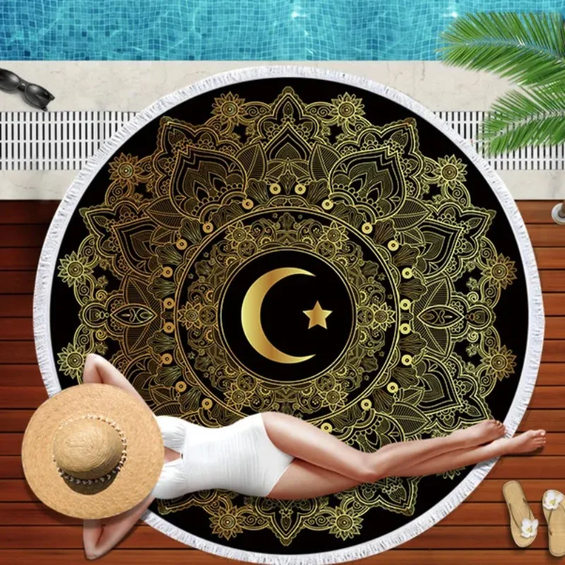 3D Digital Printing Retro Gold Palm Beach Towels for Women Retro Lotus Stars Black Round Beach Towel for Bedroom Decorations Mat