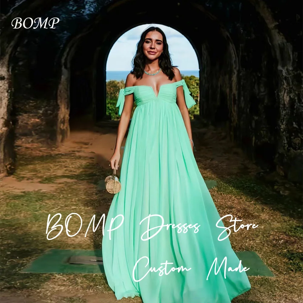 

BOMP Sweet Green Wedding Party Dress Off Shoulder V-Neck Pleat Chiffon Special Occasion Gown Customized Saudi Arabic فساتين