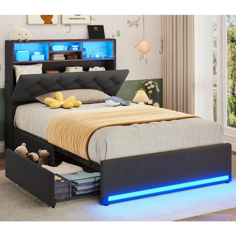 

Twin Bed Frames with Headboard & 4 Drawers, LED Bed Frame Twin with Charging Station, Upholstered and Metal Twin Bed