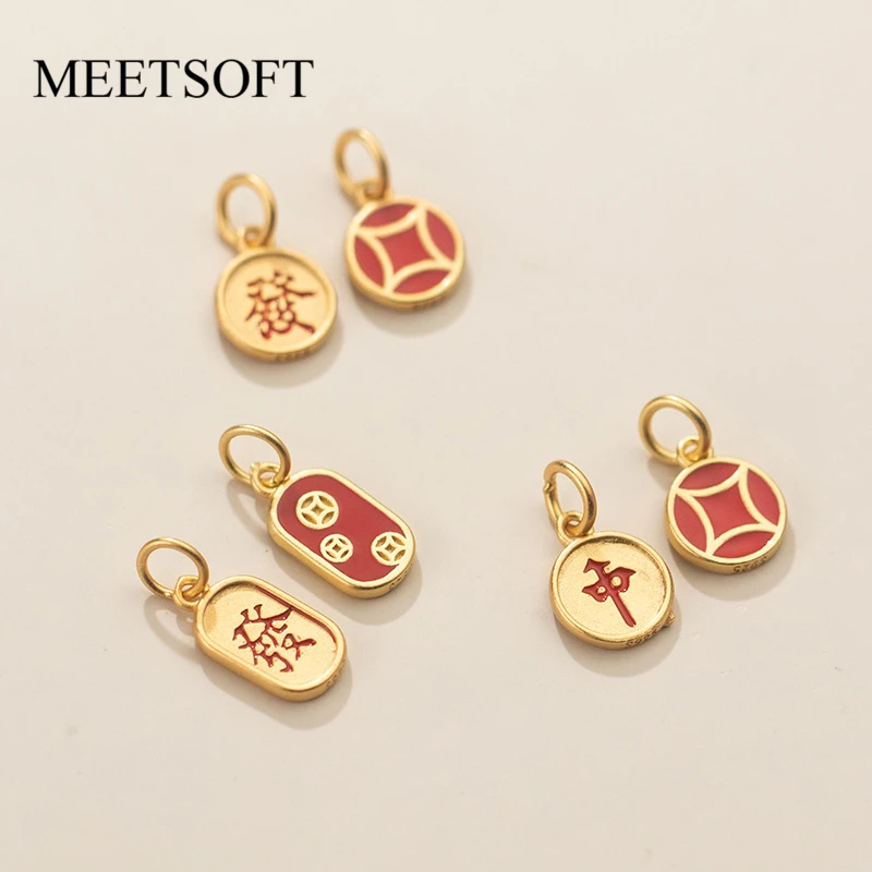 MEETSOFT Vintage S925 Bạc Hình Học Tròn Với Những Từ Vàng 18K Mặt Dây Chuyền Vòng Cổ Quyến Rũ Của DIY Thủ Công Làm Thả Vận Chuyển