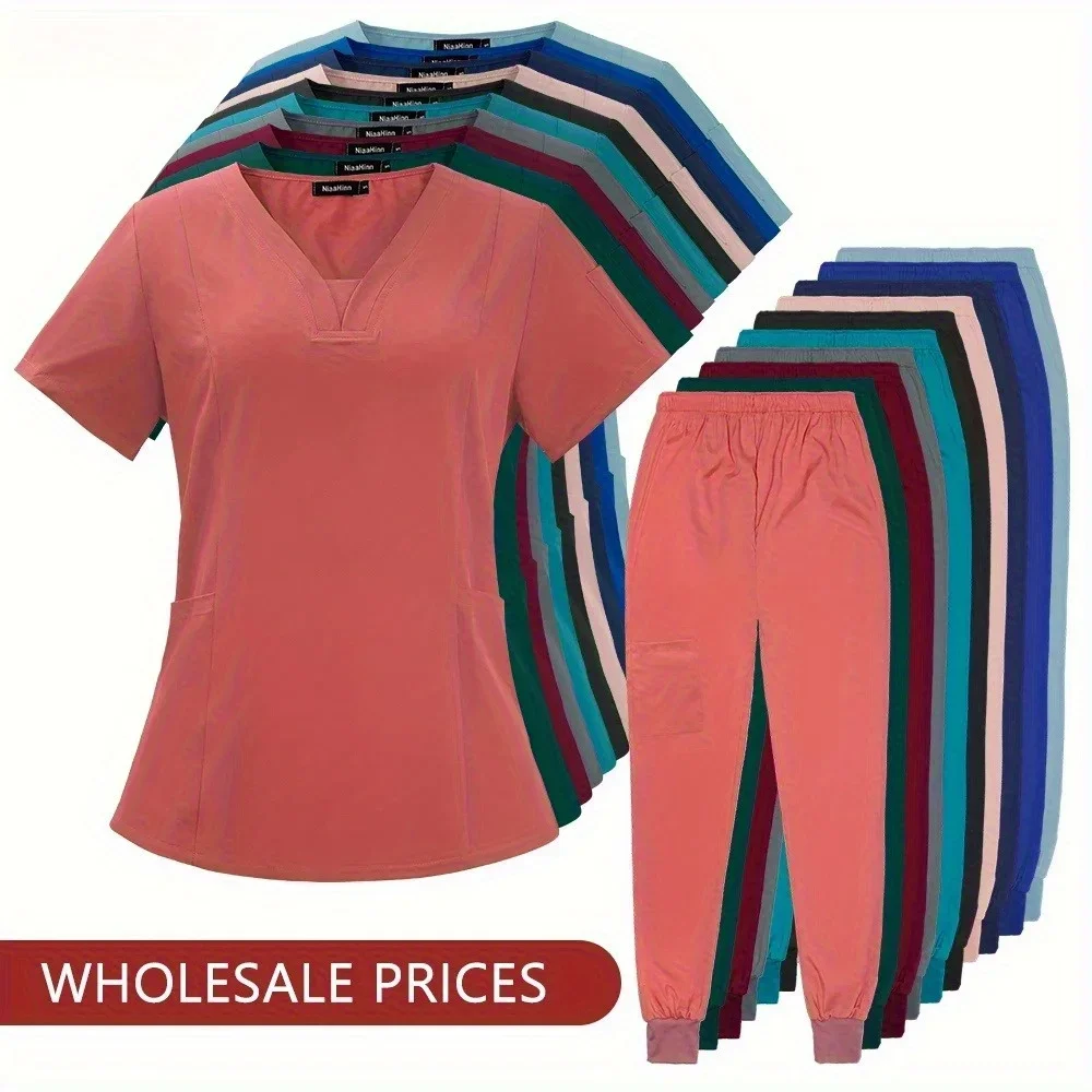 مرونة عالية الجودة بالجملة غرفة العمل موحدة مجموعة قصيرة الأكمام ممرضة التمريض الملحقات قمم السراويل الدعك البدلة