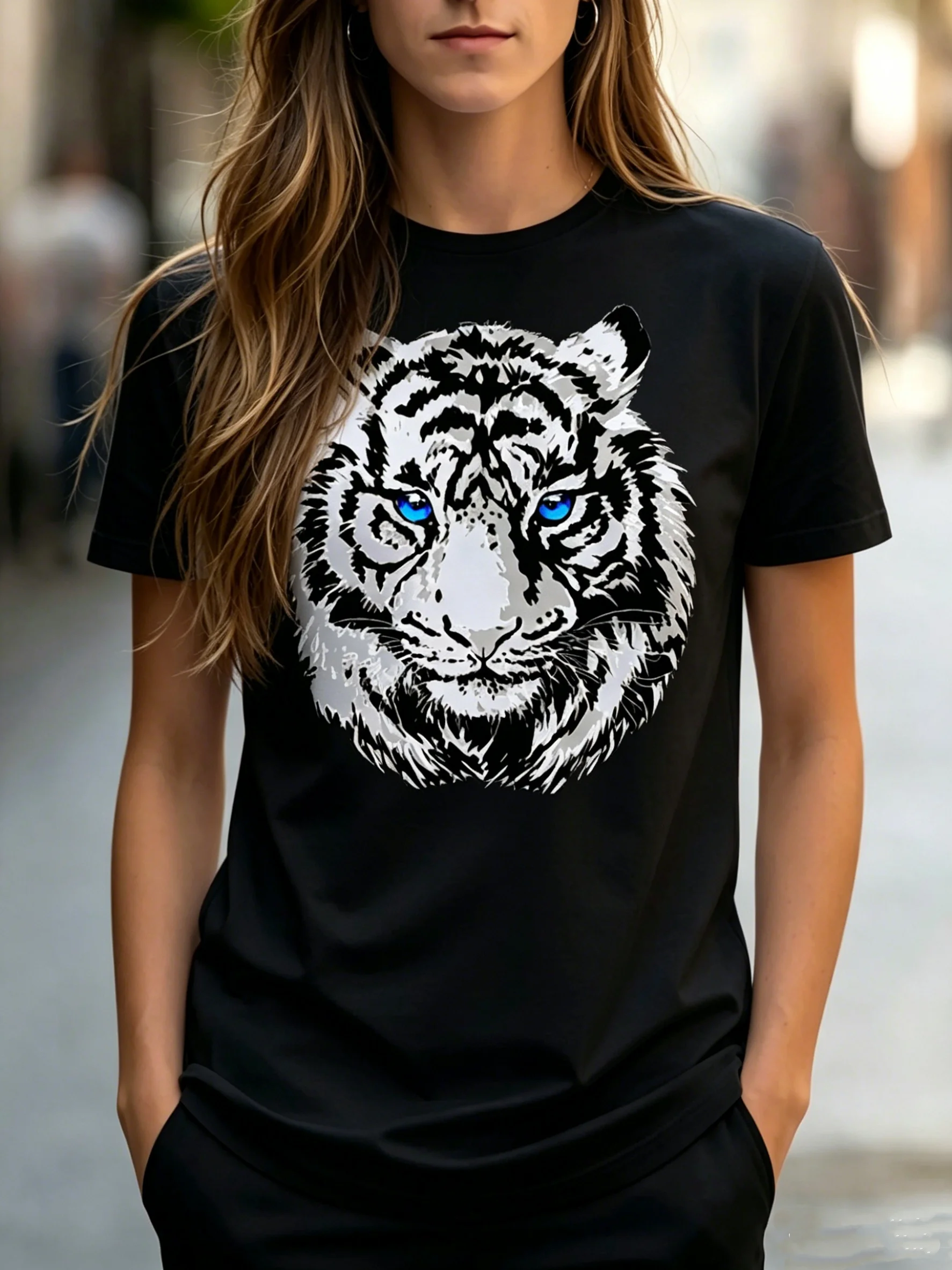 Plus Size Unisex Animal Print Tee Striking Blue Eyed White Tiger Head Graphic Crew Neck Short Sleeve Medium Stretch T Shirts Trendy Streetwear Suitable for Everyday Outing Party Occasions