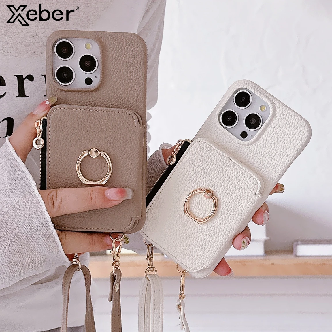 

Business Zipper Leather Wallet Crossbody Necklace Lanyards Cord Case For iPhone 11 14 13 12 15 Pro Max Back Ring Holder Cover