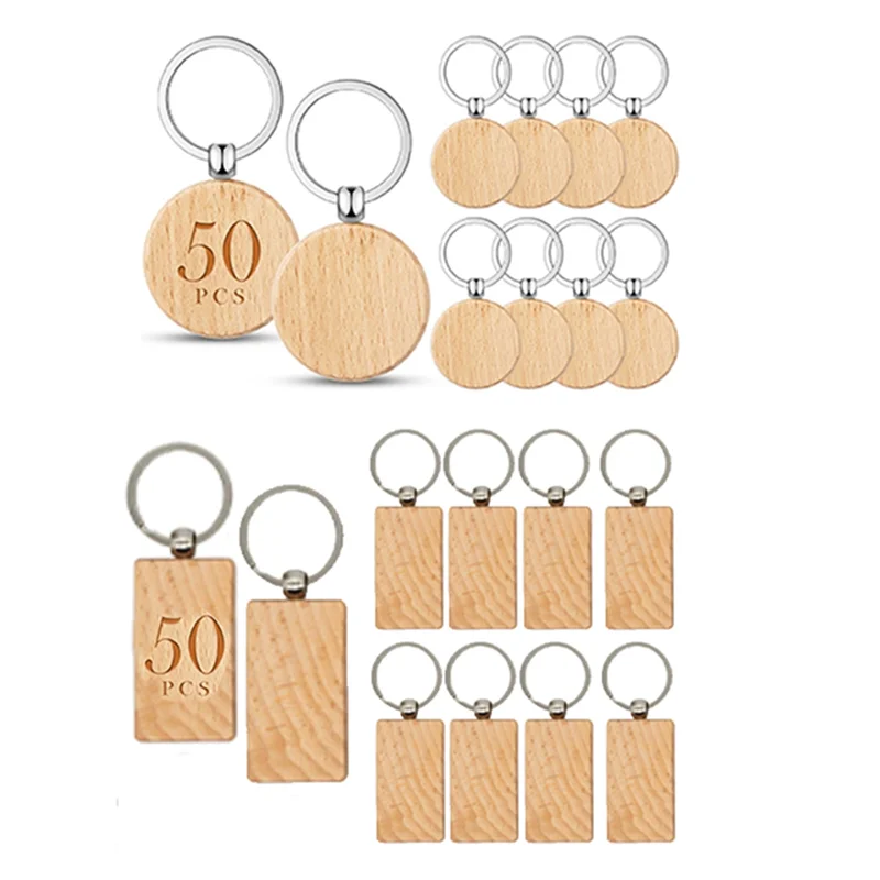 100 Pcs Wooden Blanks Wood Key Chain Blanks Unfinished Wooden Key Ring Key Tag for DIY Crafts(Round+Rectangle)