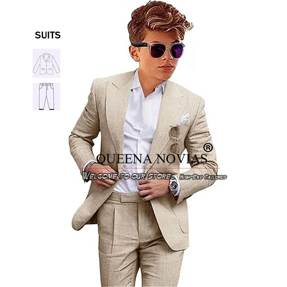 Terno de linho para meninos, smoking casual, roupa para portador de anéis, calças blazer infantis, roupas formais, casamento na praia do verão, 2 peças